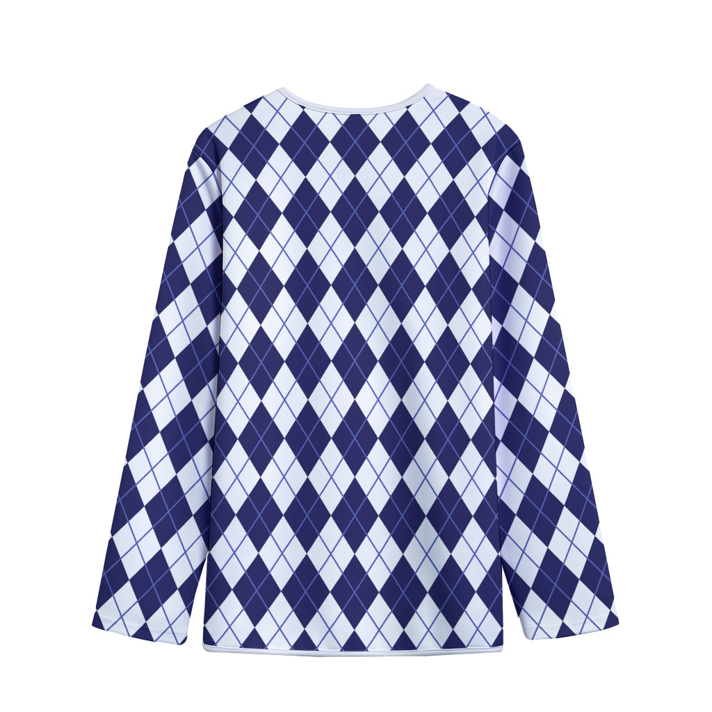 Navy Blue And White Argyle Pattern Print Long Sleeve Short Coat