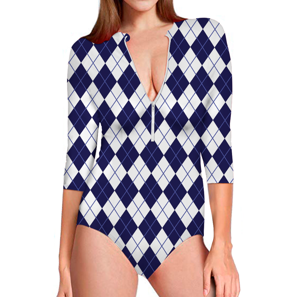 Navy Blue And White Argyle Pattern Print Long Sleeve Swimsuit