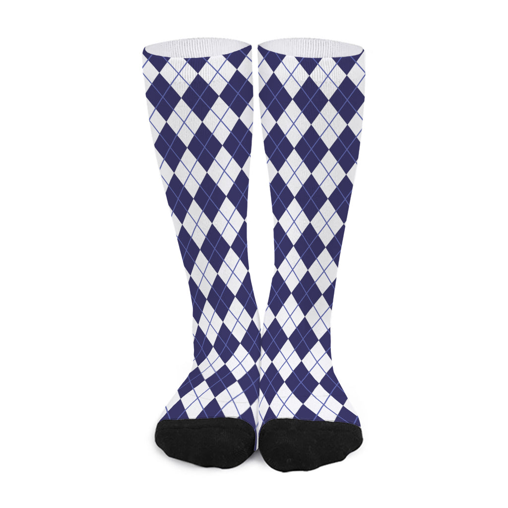 Navy Blue And White Argyle Pattern Print Long Socks