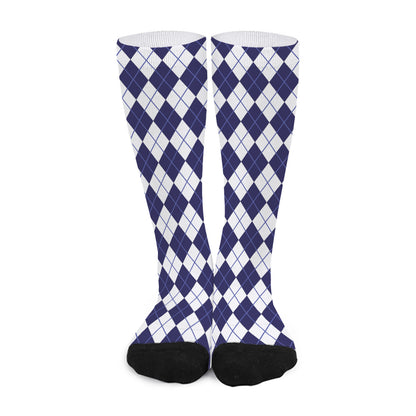 Navy Blue And White Argyle Pattern Print Long Socks