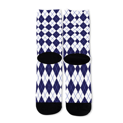 Navy Blue And White Argyle Pattern Print Long Socks