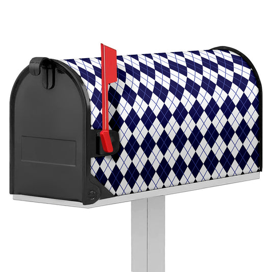 Navy Blue And White Argyle Pattern Print Mailbox Cover