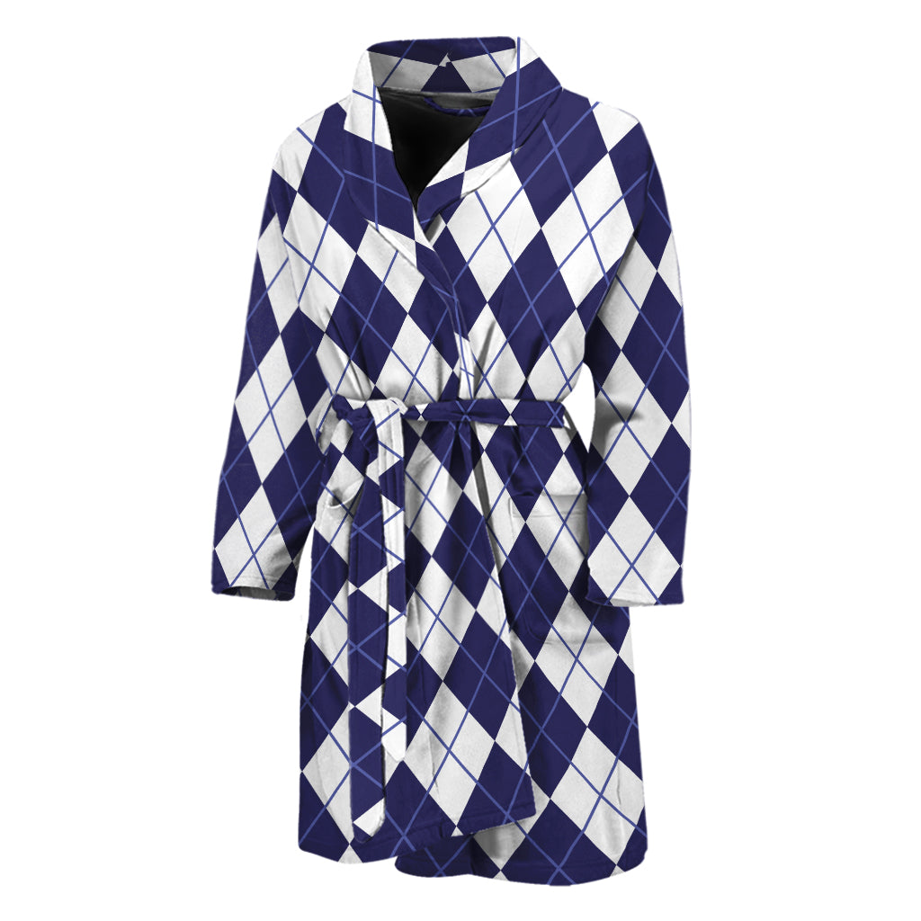 Navy Blue And White Argyle Pattern Print Men's Bathrobe