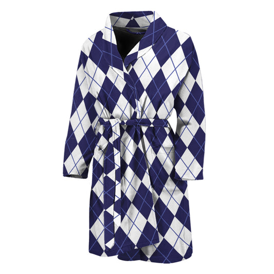 Navy Blue And White Argyle Pattern Print Men's Bathrobe