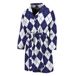 Navy Blue And White Argyle Pattern Print Men's Bathrobe