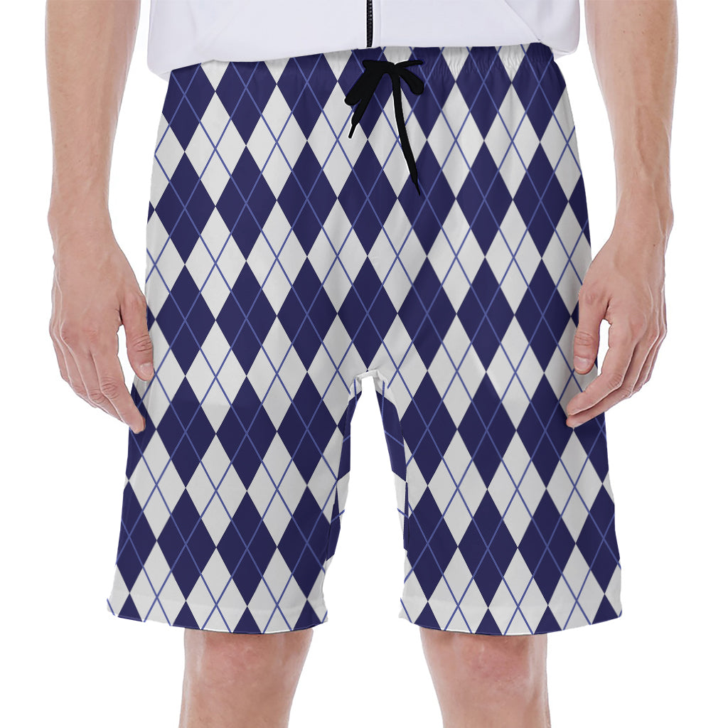 Navy Blue And White Argyle Pattern Print Men's Beach Shorts