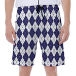 Navy Blue And White Argyle Pattern Print Men's Beach Shorts
