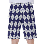 Navy Blue And White Argyle Pattern Print Men's Beach Shorts
