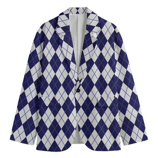 Navy Blue And White Argyle Pattern Print Men's Blazer