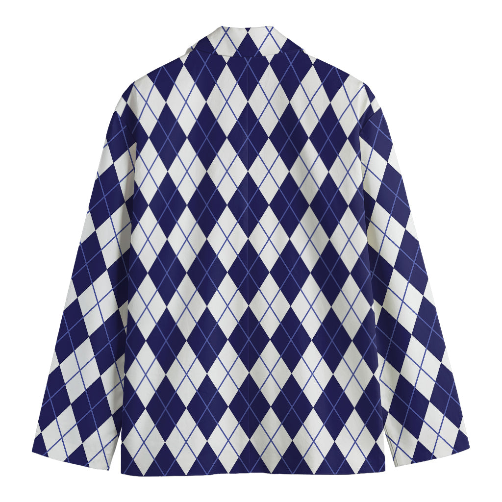 Navy Blue And White Argyle Pattern Print Men's Blazer