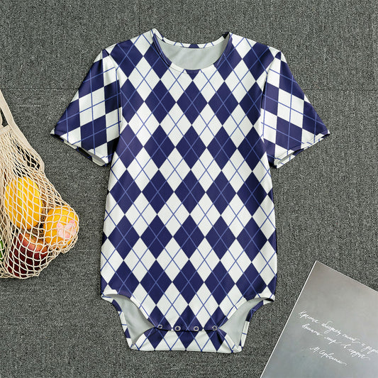 Navy Blue And White Argyle Pattern Print Men's Bodysuit