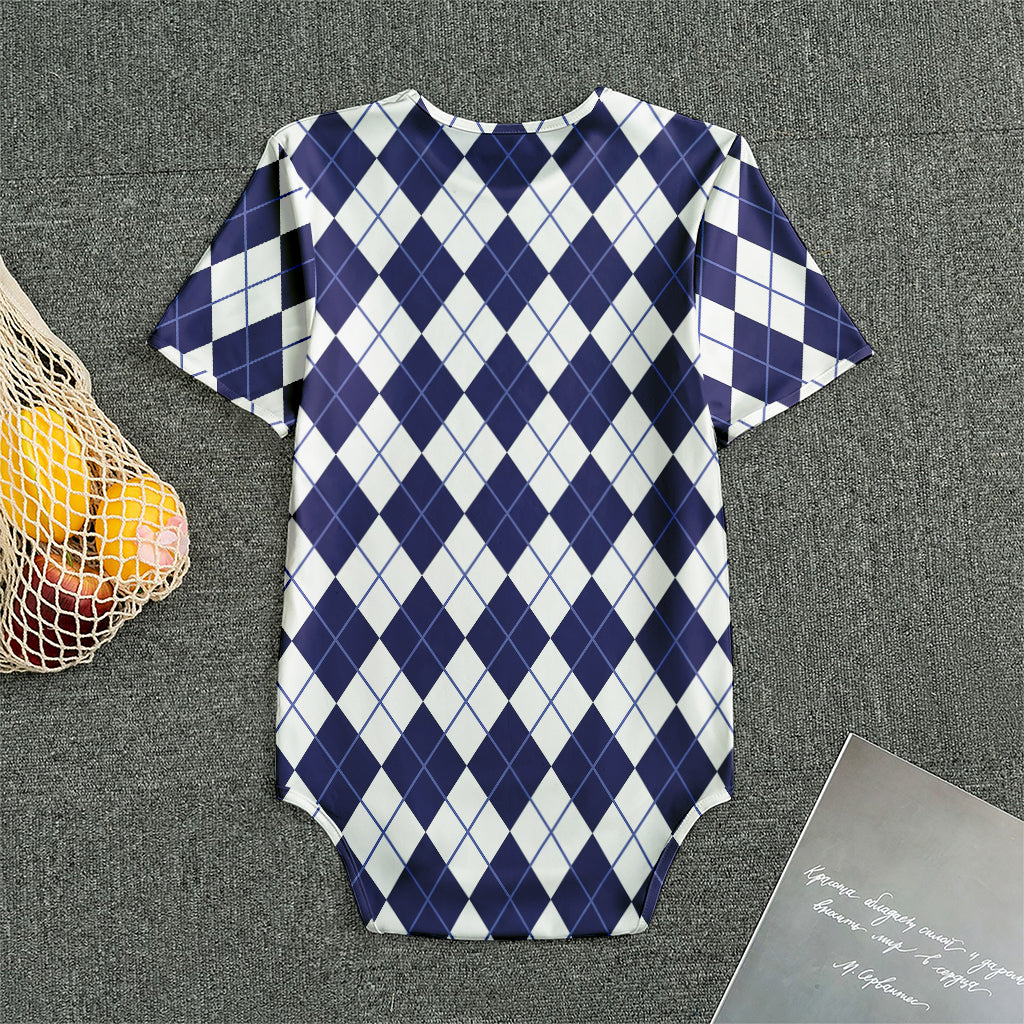 Navy Blue And White Argyle Pattern Print Men's Bodysuit