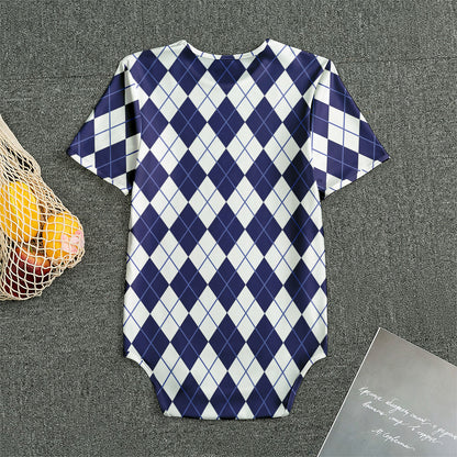 Navy Blue And White Argyle Pattern Print Men's Bodysuit
