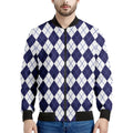 Navy Blue And White Argyle Pattern Print Men's Bomber Jacket