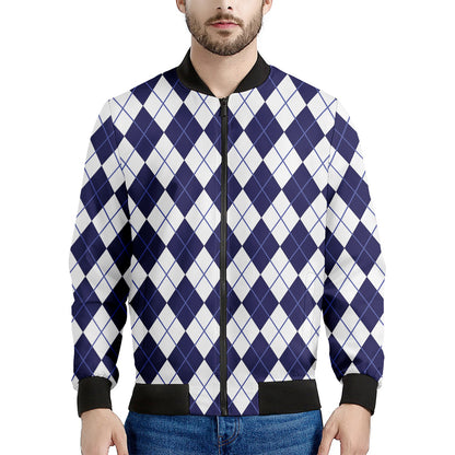 Navy Blue And White Argyle Pattern Print Men's Bomber Jacket