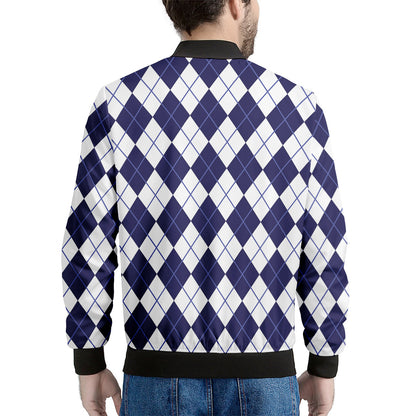 Navy Blue And White Argyle Pattern Print Men's Bomber Jacket