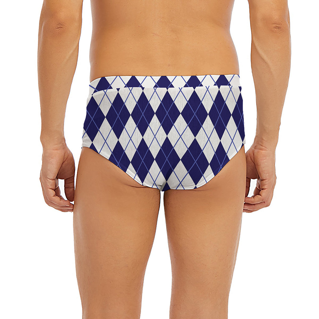 Navy Blue And White Argyle Pattern Print Men's Briefs