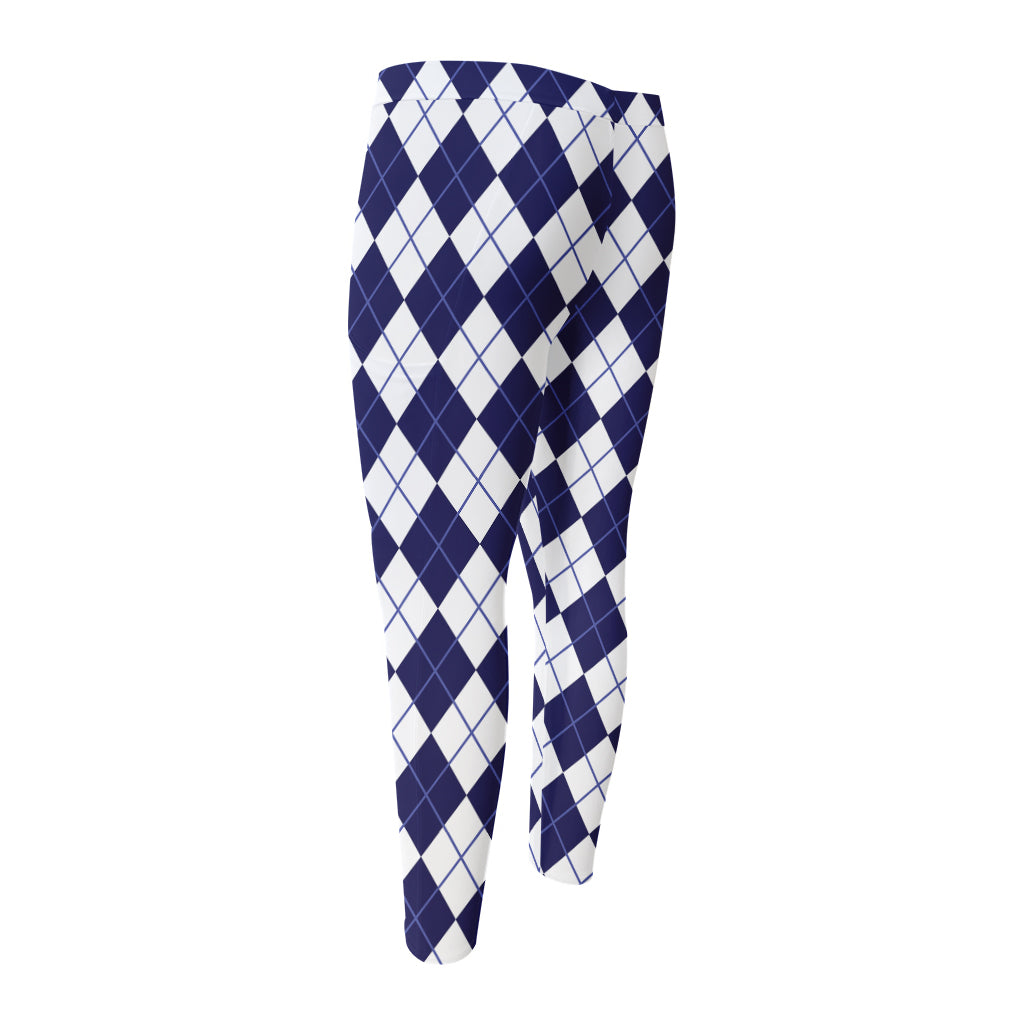 Navy Blue And White Argyle Pattern Print Men's Compression Pants