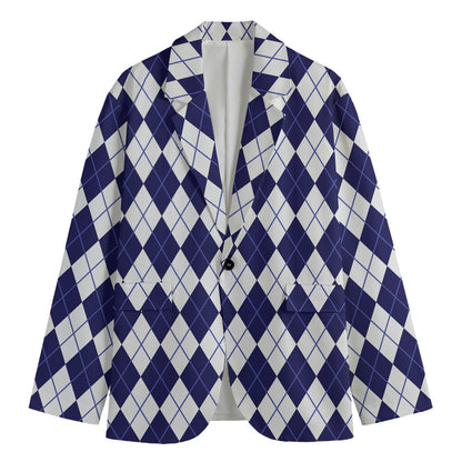 Navy Blue And White Argyle Pattern Print Men's Cotton Blazer