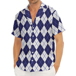 Navy Blue And White Argyle Pattern Print Men's Deep V-Neck Shirt