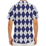 Navy Blue And White Argyle Pattern Print Men's Deep V-Neck Shirt