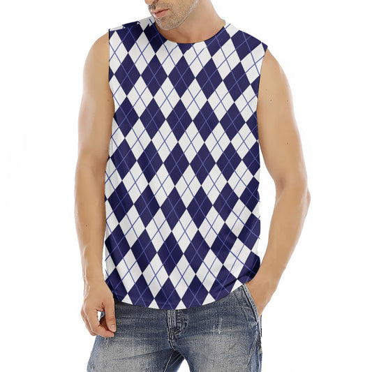 Navy Blue And White Argyle Pattern Print Men's Fitness Tank Top