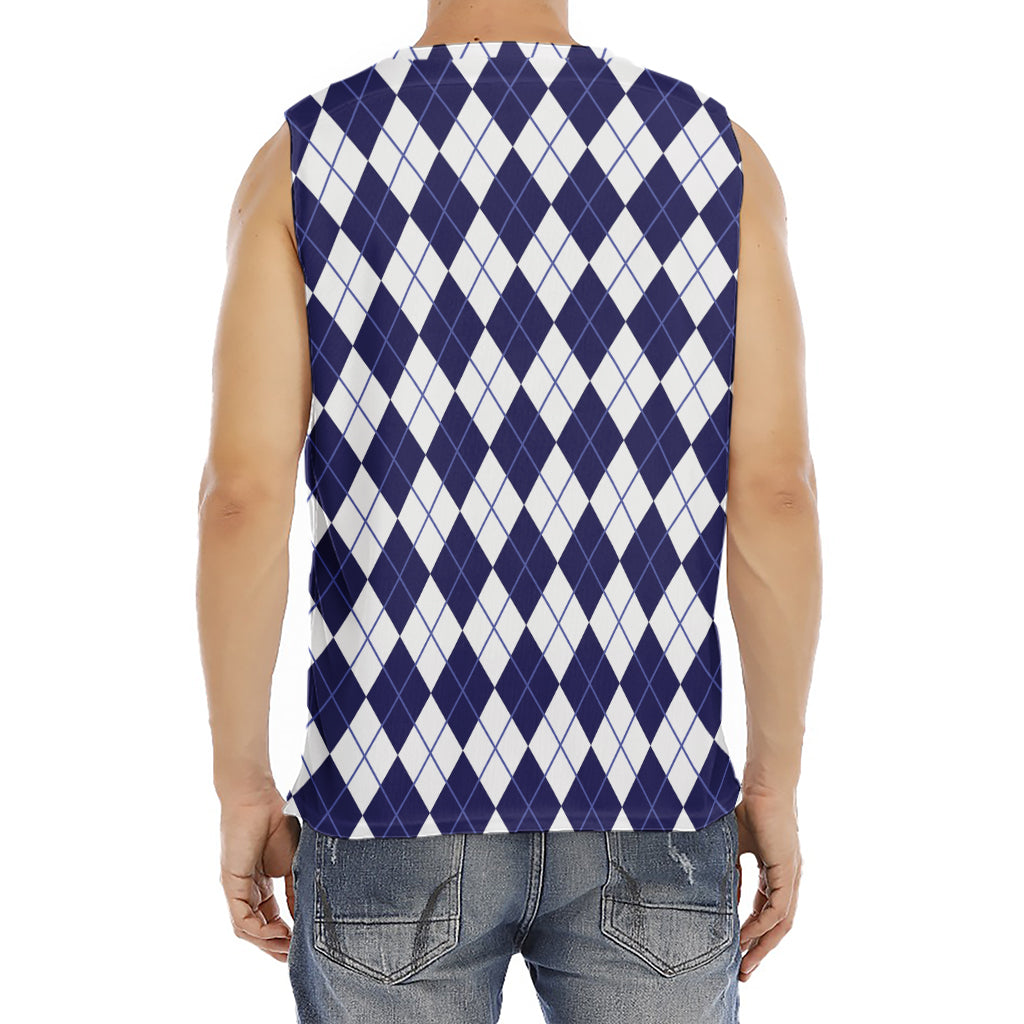Navy Blue And White Argyle Pattern Print Men's Fitness Tank Top