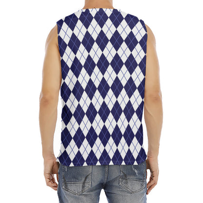 Navy Blue And White Argyle Pattern Print Men's Fitness Tank Top