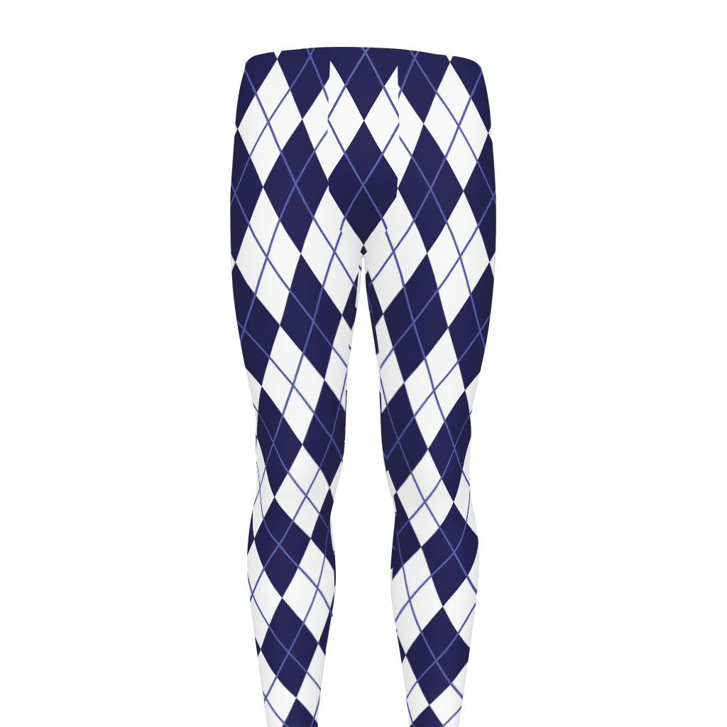 Navy Blue And White Argyle Pattern Print Men's leggings