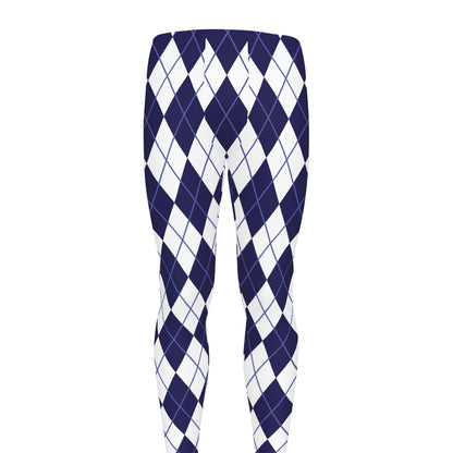 Navy Blue And White Argyle Pattern Print Men's leggings