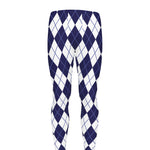 Navy Blue And White Argyle Pattern Print Men's leggings
