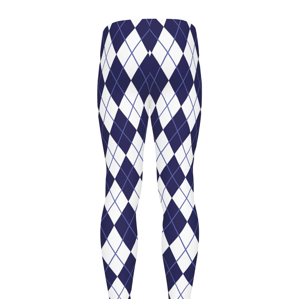 Navy Blue And White Argyle Pattern Print Men's leggings