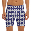 Navy Blue And White Argyle Pattern Print Men's Long Boxer Briefs