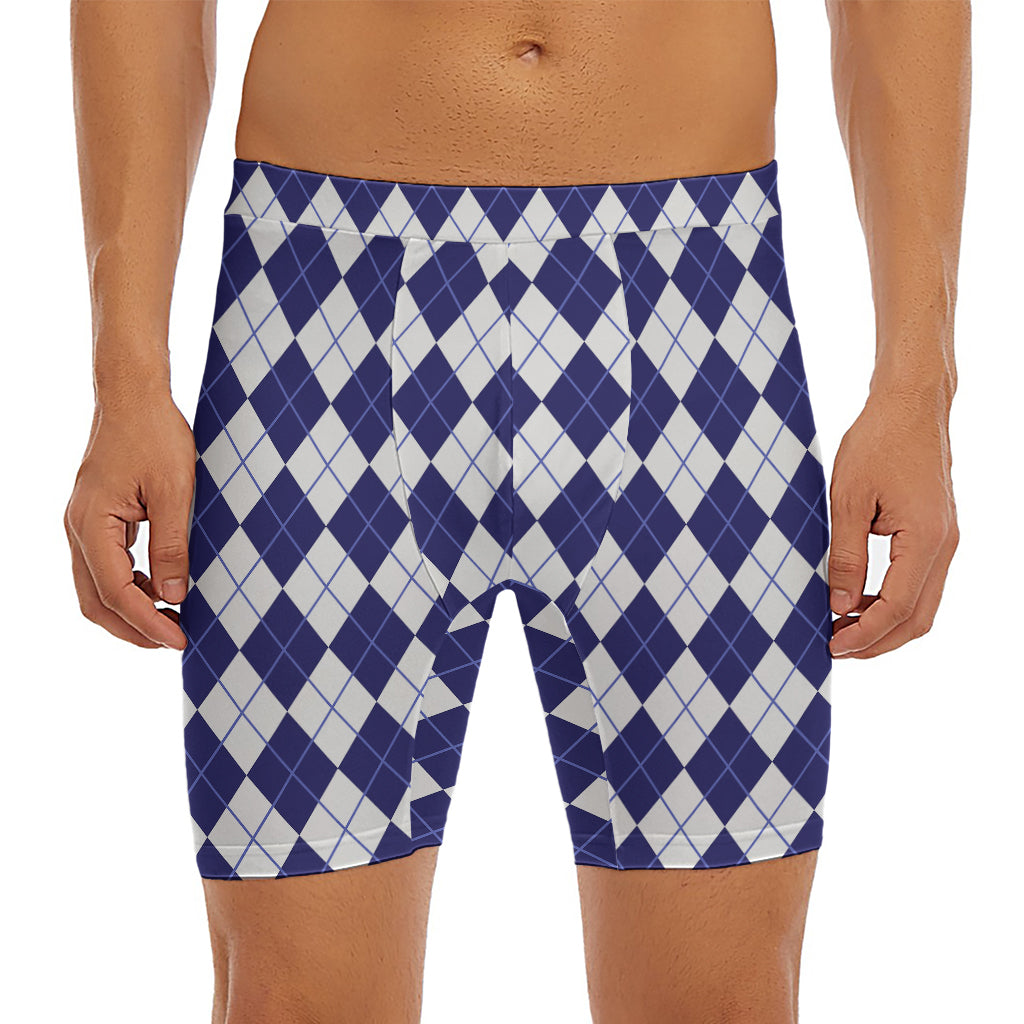 Navy Blue And White Argyle Pattern Print Men's Long Boxer Briefs