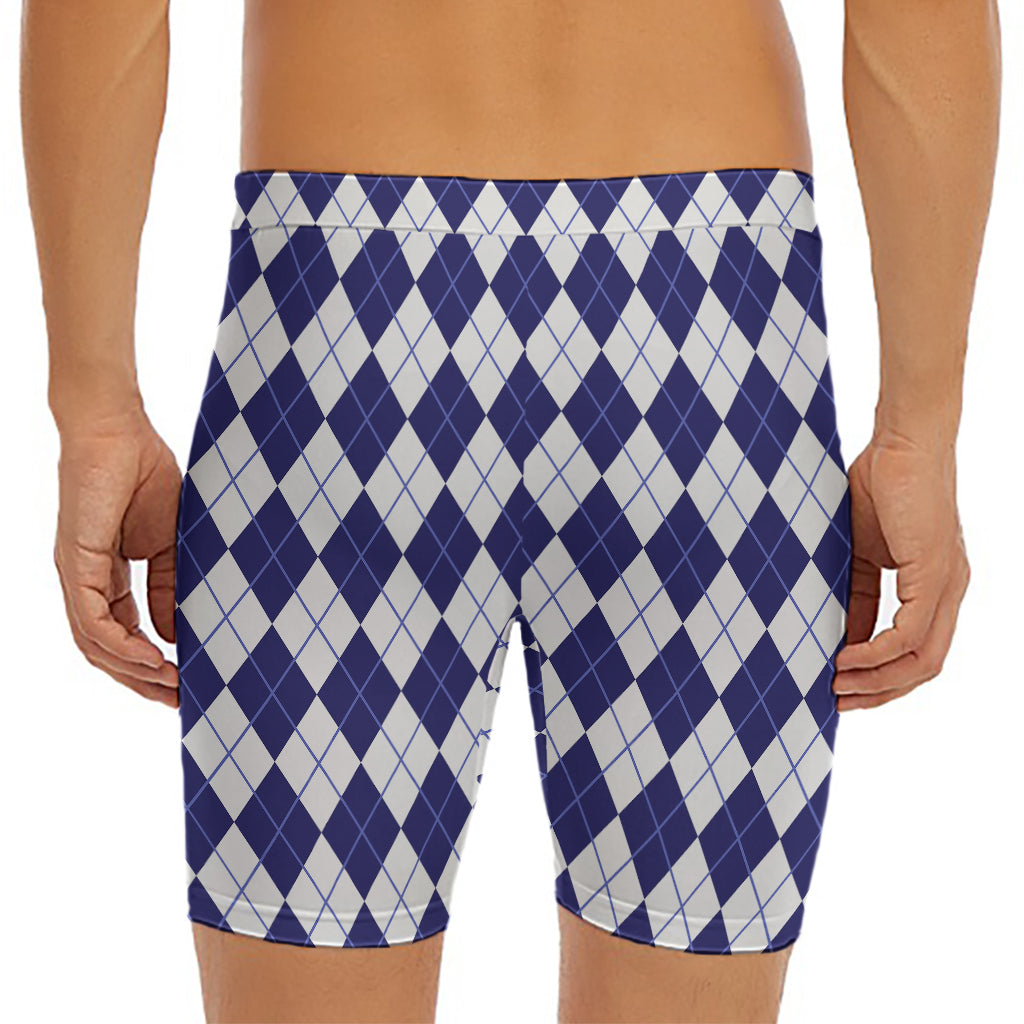 Navy Blue And White Argyle Pattern Print Men's Long Boxer Briefs