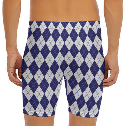 Navy Blue And White Argyle Pattern Print Men's Long Boxer Briefs