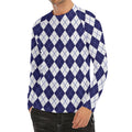 Navy Blue And White Argyle Pattern Print Men's Long Sleeve Rash Guard