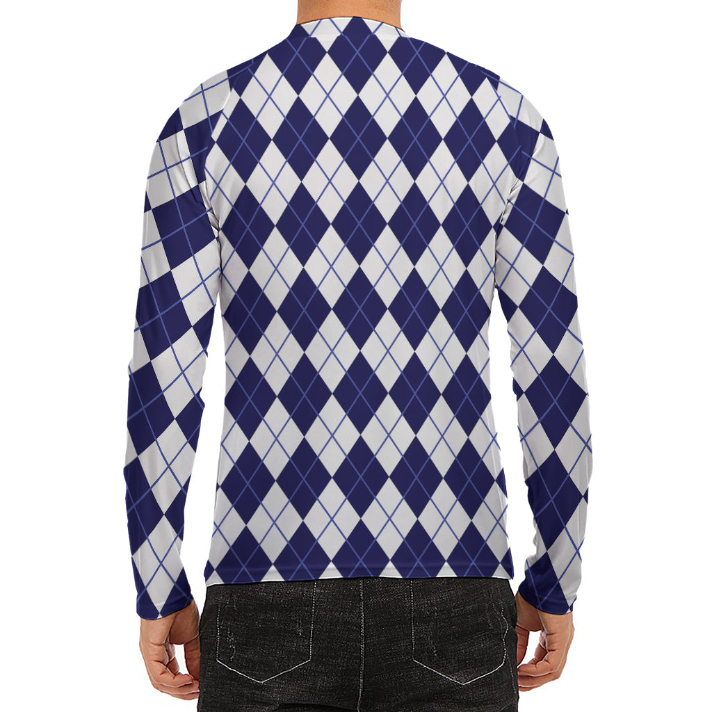 Navy Blue And White Argyle Pattern Print Men's Long Sleeve Rash Guard
