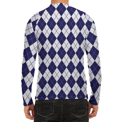 Navy Blue And White Argyle Pattern Print Men's Long Sleeve Rash Guard