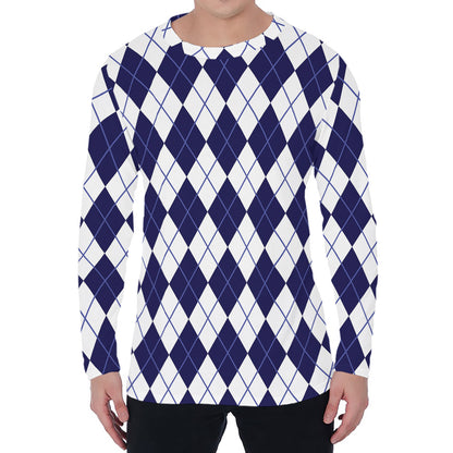 Navy Blue And White Argyle Pattern Print Men's Long Sleeve T-Shirt