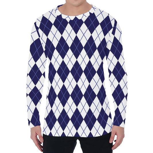 Navy Blue And White Argyle Pattern Print Men's Long Sleeve T-Shirt