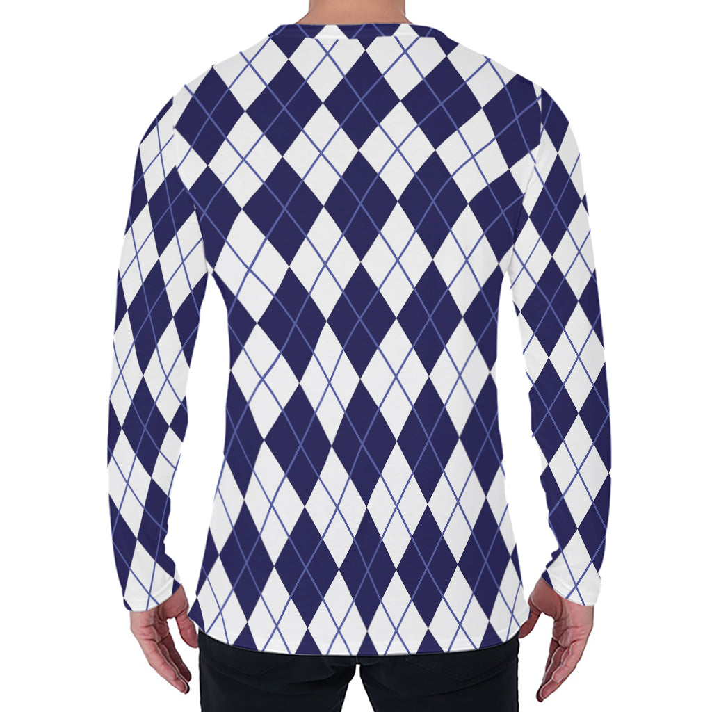 Navy Blue And White Argyle Pattern Print Men's Long Sleeve T-Shirt