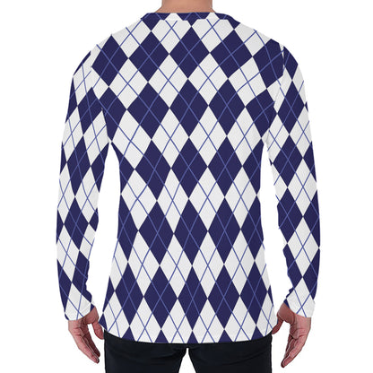 Navy Blue And White Argyle Pattern Print Men's Long Sleeve T-Shirt
