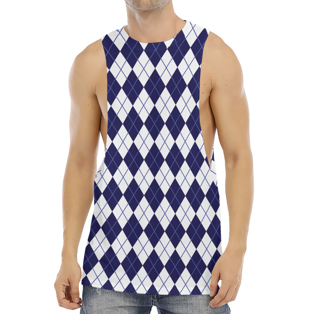 Navy Blue And White Argyle Pattern Print Men's Muscle Tank Top