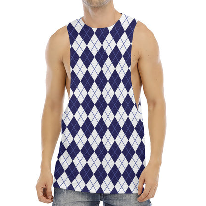 Navy Blue And White Argyle Pattern Print Men's Muscle Tank Top