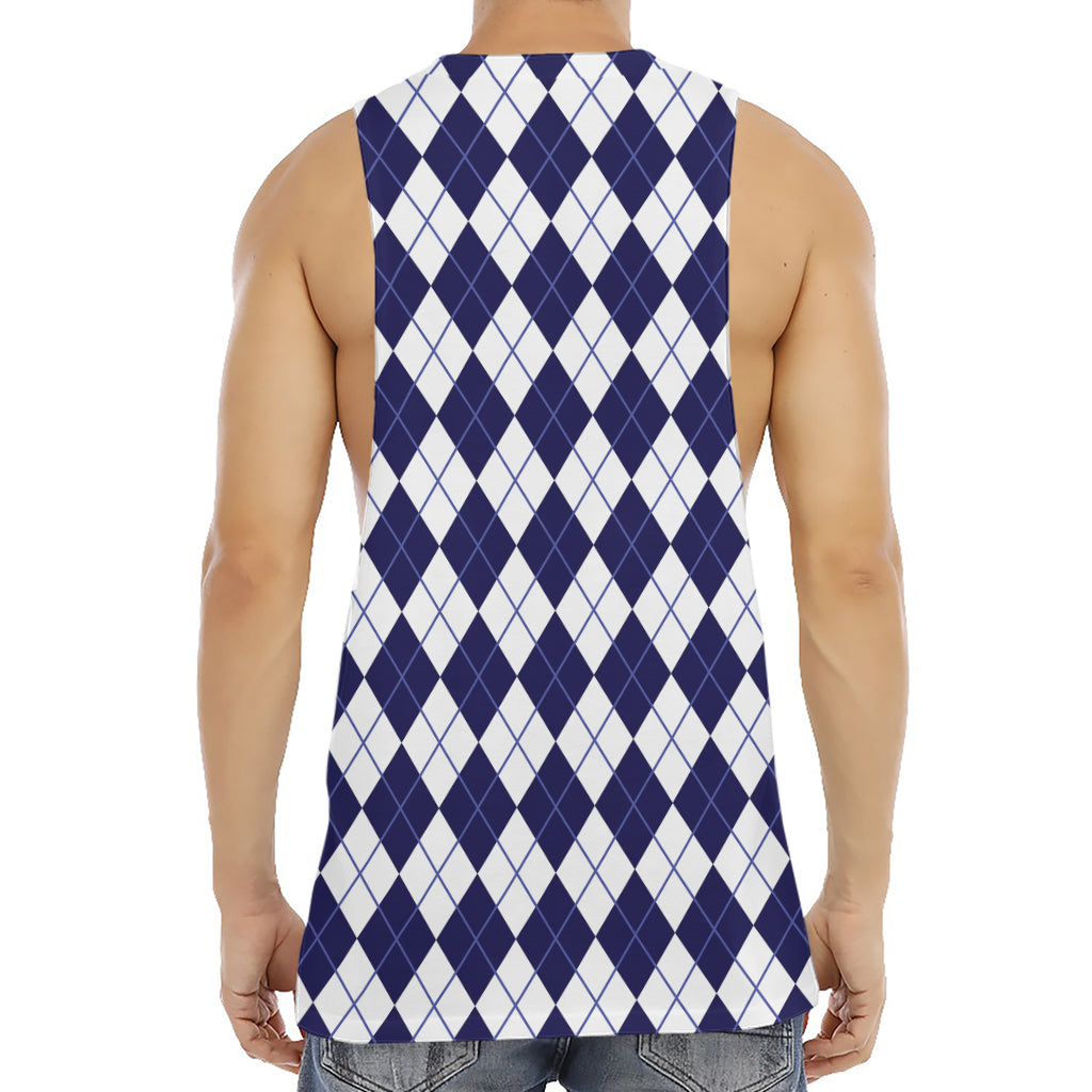 Navy Blue And White Argyle Pattern Print Men's Muscle Tank Top