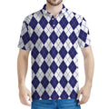 Navy Blue And White Argyle Pattern Print Men's Polo Shirt