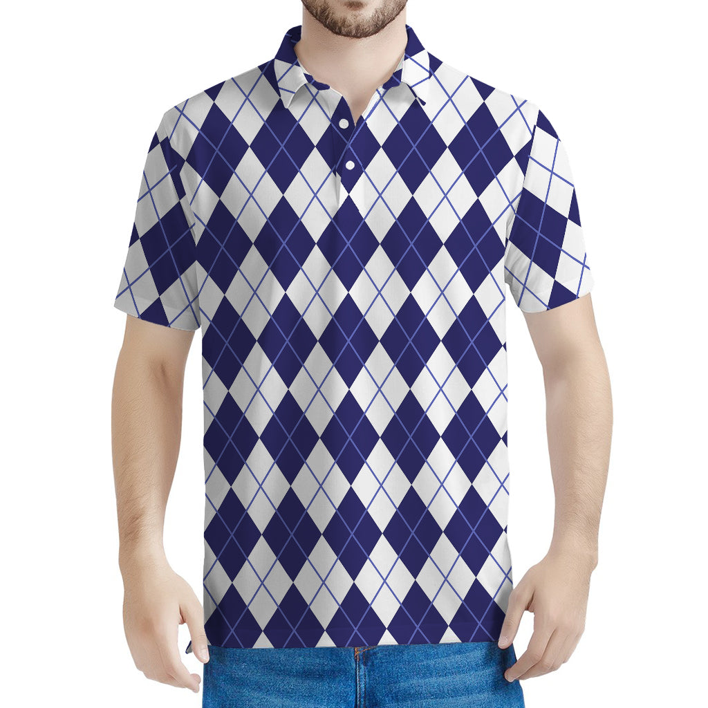 Navy Blue And White Argyle Pattern Print Men's Polo Shirt