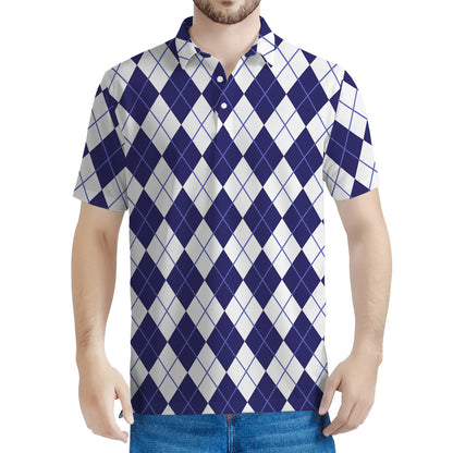 Navy Blue And White Argyle Pattern Print Men's Polo Shirt