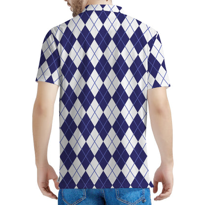Navy Blue And White Argyle Pattern Print Men's Polo Shirt